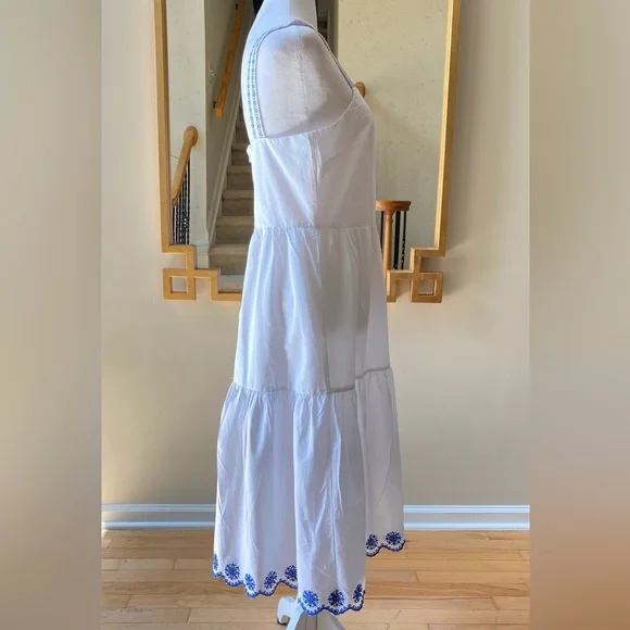 J. Crew Embroidered Saffron scalloped tiered white blue trim dress $128 - Picture 6 of 15